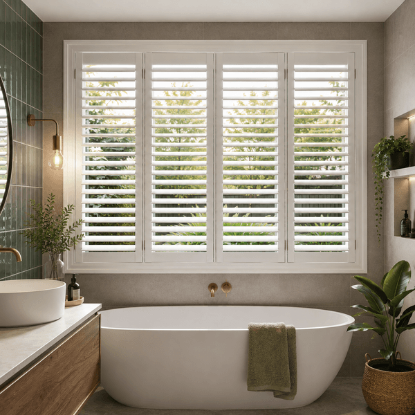 White PVC plantation shutters in a bright room