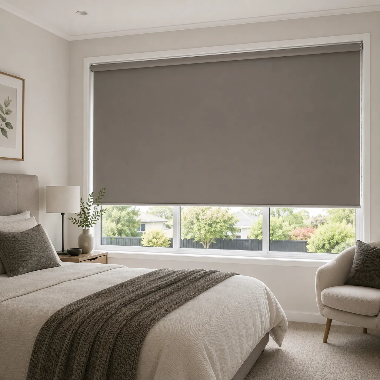 Roller blinds installed in a bright window