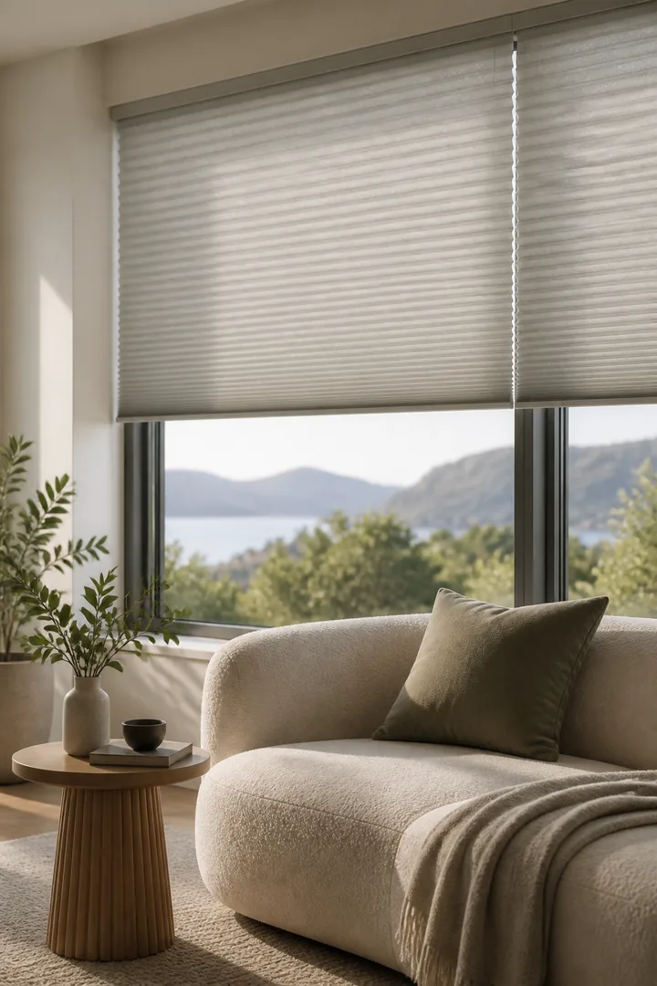 Light-filtering cellular blinds above a softly upholstered sofa