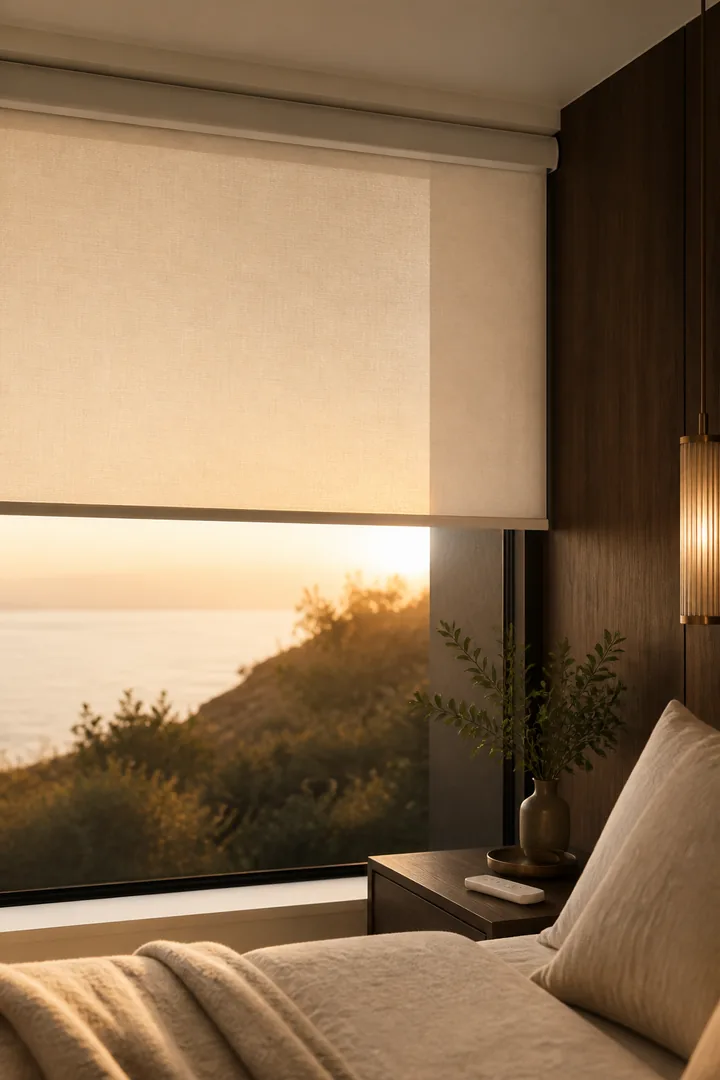 Motorised roller blind in a warm contemporary bedroom